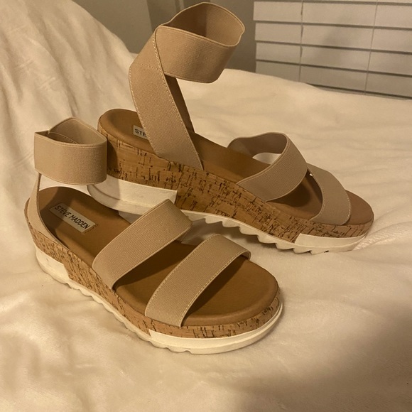 W Size 9 Steve Madden Bandi Elastic Cork Flatform Sandals - Picture 1 of 3